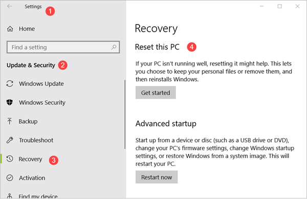 recovery options windows 10
