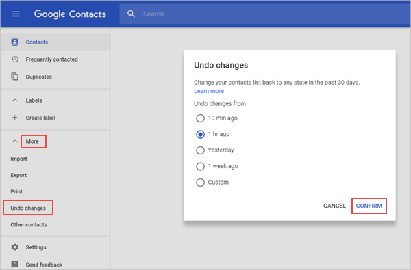 restore contacts android via google