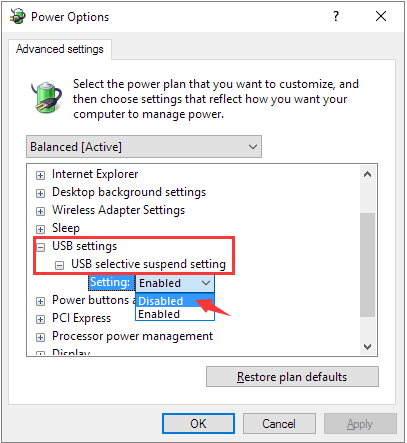 disable usb selective suspend setting