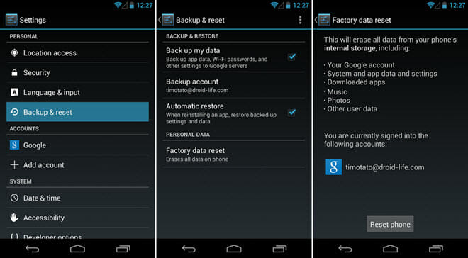 factory reset android