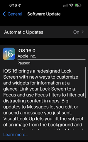 ios 16 update paused